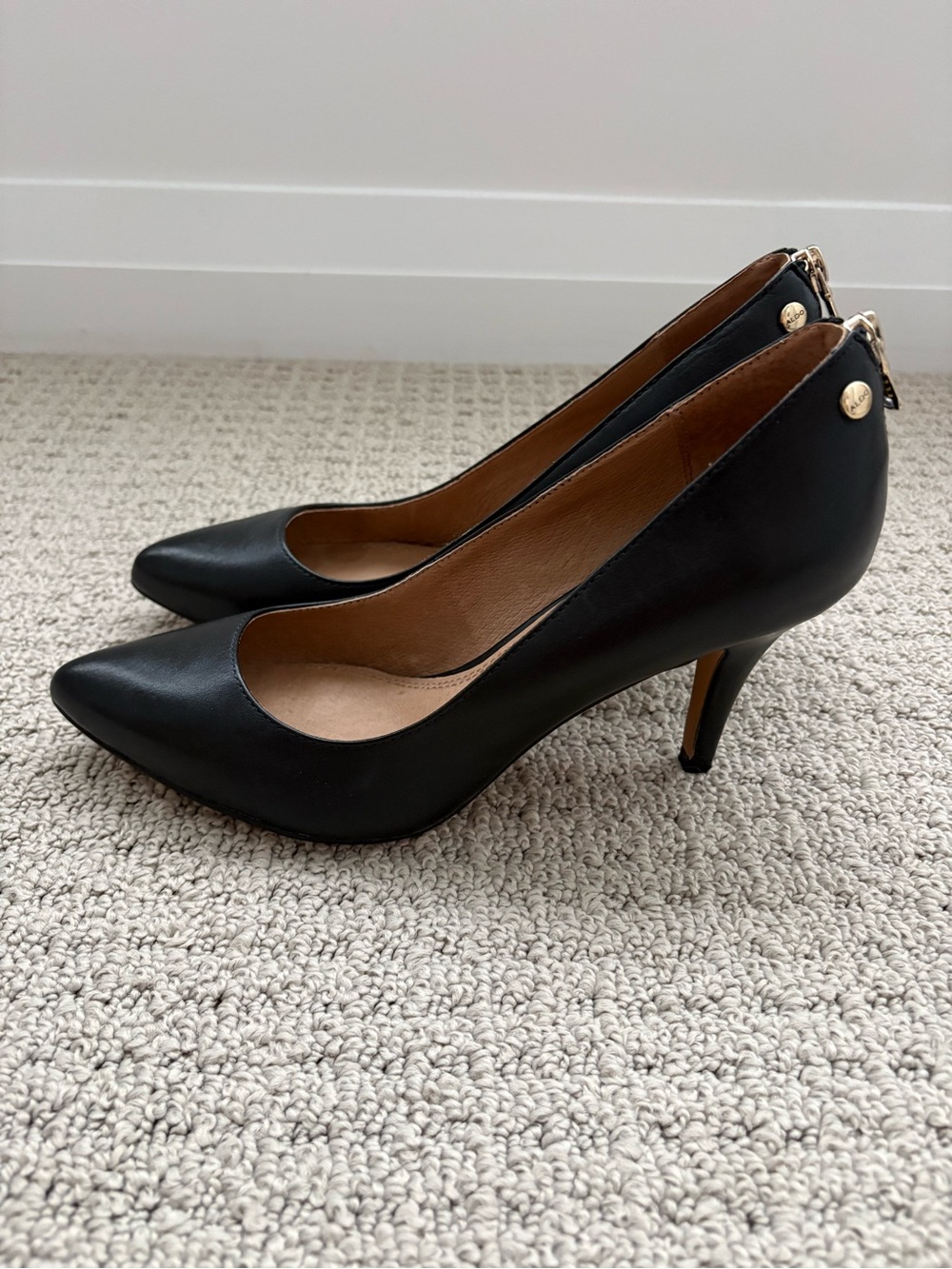 Aldo Black Pointed Leather Pumps with Gold Back Detail